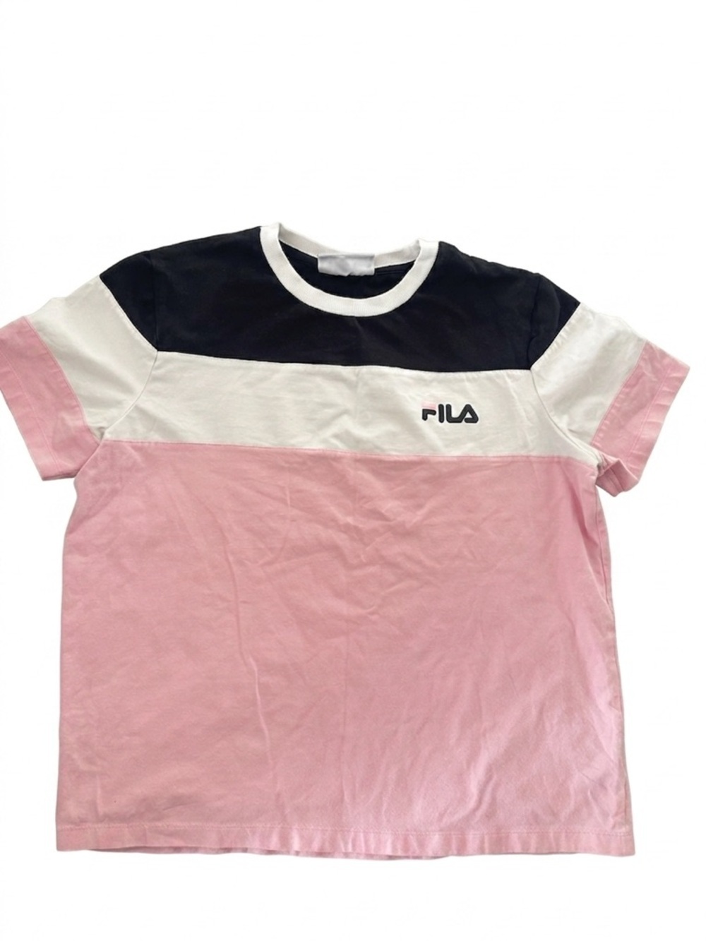 🔥2/$15 FILA Colorblock Black, White & Pink Crew Sport Athleisure Tee Jersey Chic